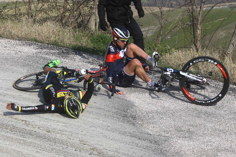 Tirreno-Adriatico - stage 4 - Cycling: 50th Tirreno - Adriatico 2015 / Stage 4 
LANG Pirmin (SUI)/ AVILA VANEGAS Edwin Alcibiad (COL)/ Crash Chute Val / 
Indicatore (Arezzo) - Castelraimondo (226Km)/ 
Stage Rit /(c) Tim De Waele
