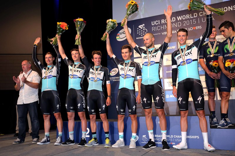 World Championships TTT - Cycling: Road World Championships 2015 / TTT Men
Podium / Team Etixx Quick-Step (Bel) Silver Medal / Tom BOONEN (Bel)/ Michal KWIATKOWSKI (pol)/ Yves LAMPAERT (Bel)/ Tony MARTIN (Ger)/ Niki TERPSTRA (Ned)/ Rigoberto URAN (Col)/  Celebration Joie Vreugde /