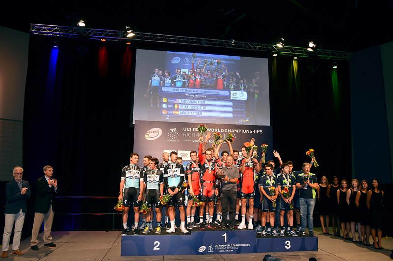 World Championships TTT - Cycling: Road World Championships 2015/ TTT Elite Men
Podium/ Team ETIXX - QUICK STEP (BEL)/ BOONEN Tom (BEL)/ KWIATKOWSKI Michal (POL)/ LAMPAERT Yves (BEL)/ MARTIN Tony (GER)/ TERPSTRA Niki (NED)/ URAN URAN Rigoberto (COL)/Team BMC RACING TEAM (USA)/ DEN