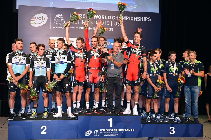 World Championships TTT - Cycling: Road World Championships 2015/ TTT Elite Men
Podium/ Team ETIXX - QUICK STEP (BEL)/ BOONEN Tom (BEL)/ KWIATKOWSKI Michal (POL)/ LAMPAERT Yves (BEL)/ MARTIN Tony (GER)/ TERPSTRA Niki (NED)/ URAN URAN Rigoberto (COL)/Team BMC RACING TEAM (USA)/ DEN