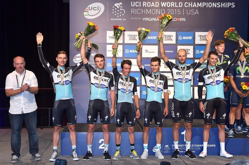 World Championships TTT - Cycling: Road World Championships 2015/ TTT Elite Men
Podium/ Team ETIXX - QUICK STEP (BEL)/ BOONEN Tom (BEL)/ KWIATKOWSKI Michal (POL)/ LAMPAERT Yves (BEL)/ MARTIN Tony (GER)/ TERPSTRA Niki (NED)/ URAN URAN Rigoberto (COL)/ Celebration Joie Vreugde/
Rich