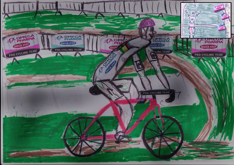 A drawing of a young Styby-fan that hopes to see the pink bike crossing the line with the new world champion! In the right corner of the drawing you can see the tv screen we will all see this Sunday. A great Stybar!
