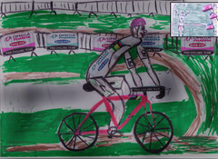 A drawing of a young Styby-fan that hopes to see the pink bike crossing the line with the new world champion! In the right corner of the drawing you can see the tv screen we will all see this Sunday. A great Stybar!