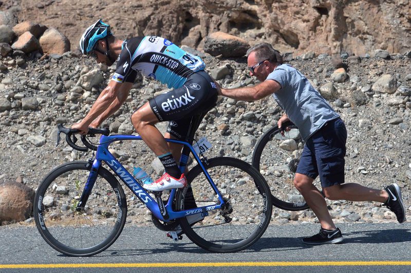 Tour of Oman - stage 4 - Cycling: 6th Tour of Oman 2015 / Stage 4 
BOONEN Tom (BEL)/ POTIER Franck (FRA) Mechanic Mecanicien Mekanieker Team Etixx Quick-Step (Bel)/ Mechanical Problem Probleem / 
Sultan Qaboos Grande Mosque - Jabal Al Akhdhar 1235m (Green Mountain)-189Km) / 
Tour