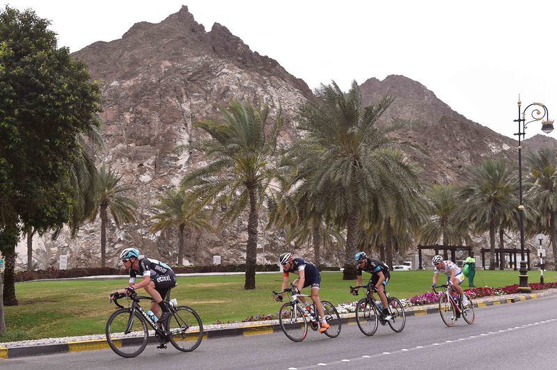Tour of Oman - stage 6 - Cycling: 6th Tour of Oman 2015 / Stage 6    
KEISSE Iljo (BEL)/ BRANDLE Matthias (AUT)/ PATE Danny (USA)/ VAN MEIRHAEGHE Jef (BEL) Combativity Jersey / 
Oman Air - Matrah Corniche (133,5Km)/ 
Tour Ronde / Etape Rit /(c) Tim De Waele
