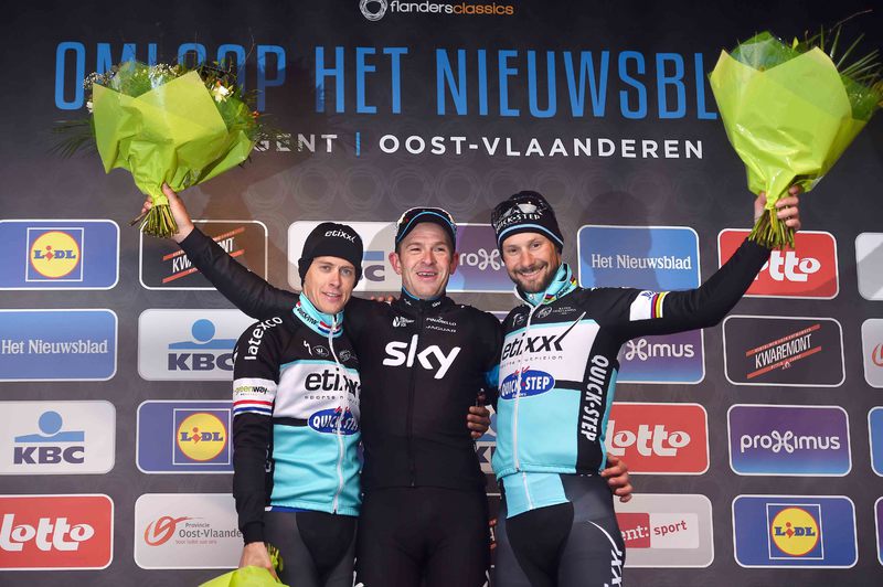 Omloop Het Nieuwsblad - Cycling: 70th Omloop Het Nieuwsblad 2015  
Podium / TERPSTRA Niki (NED)/ STANNARD Ian (GBR)/ BOONEN Tom (BEL)/ Celebration Joie Vreugde / 
Gent - Gent (200Km)/ 
Flanders Classics / (c) Tim De Waele

