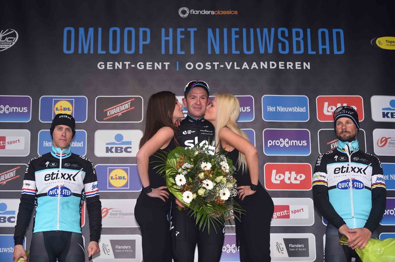 Omloop Het Nieuwsblad - Cycling: 70th Omloop Het Nieuwsblad 2015  
Podium / TERPSTRA Niki (NED) Deception Teleurstelling / STANNARD Ian (GBR)/ BOONEN Tom (BEL)/ Celebration Joie Vreugde / 
Gent - Gent (200Km)/ 
Flanders Classics / (c) Tim De Waele
