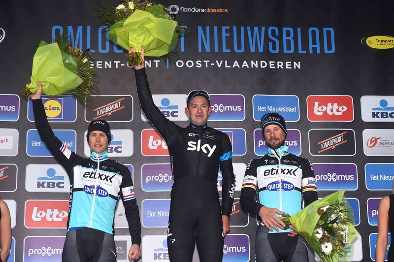 Omloop Het Nieuwsblad - Cycling: 70th Omloop Het Nieuwsblad 2015 
Podium / TERPSTRA Niki (NED)/ STANNARD Ian (GBR)/ BOONEN Tom (BEL)/ Celebration Joie Vreugde / 
Gent - Gent (200Km)/ 
Flanders Classics /(c) Tim De Waele
