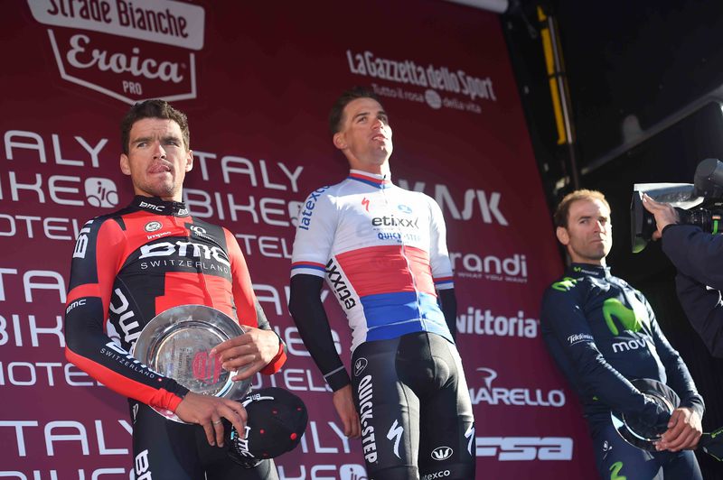 Strade Bianche - Cycling: 9th Strade Bianche 2015  
Podium / Greg VAN AVERMAET (Bel) Deception Teleurstelling / Zdenek STYBAR (Cze)/ Alejandro VALVERDE (Esp)/ Celebration Joie Vreugde / 
San Gimignano- Siena (200Km)
Eroica (c) Tim De Waele
