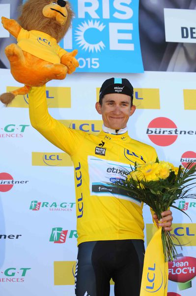 Paris-Nice - stage 4 - Cycling: 73th Paris - Nice 2015 / Stage 4/
Podium / KWIATKOWSKI Michal (Pol) Yellow leaders jersey Celebration Joie Vreugde /
Varennes-sur-Allier - Croix de Chabouret (204Km)/ 
PN Etape Rit Parijs /(c) Tim De Waele
