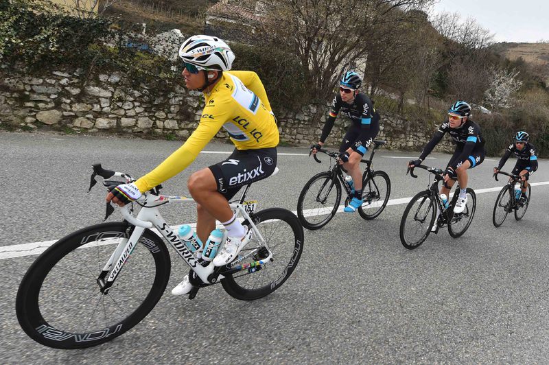 Paris-Nice - stage 5 - Cycling: 73th Paris - Nice 2015 / Stage 5/
KWIATKOWSKI Michal (Pol) Yellow Jersey / KNEES Christian (Ger) / SWIFT Ben (Gbr) / PORTE Richie (Aus) /
Saint-Etienne - Rasteau (192,5Km)/ 
PN Etape Rit Parijs /(c) Tim De Waele
