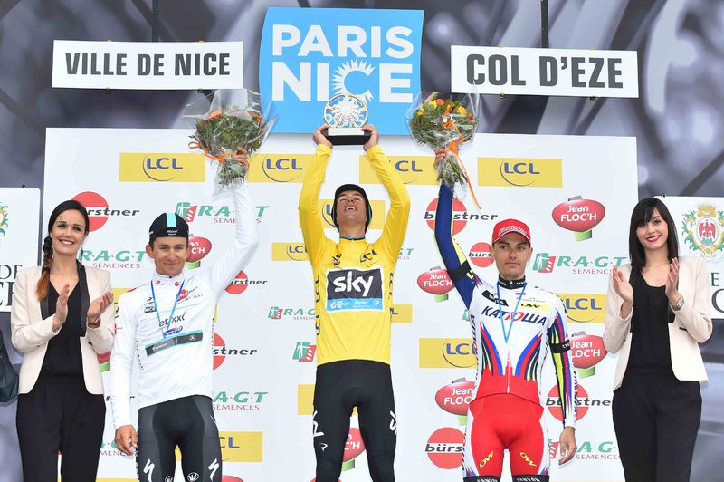 Paris-Nice - stage 7 - Cycling: 73th Paris - Nice 2015 / Stage 7/
Podium / KWIATKOWSKI Michal (Pol) White jersey / PORTE Richie (Aus) Yellow jersey / SPILAK Simon (Slo) / Celebration /
Nice - Col d'Eze (9,6Km)/ Time Trial Contre La Montre Tijdrit TT / Eze / Etape Rit /(c) Tim D