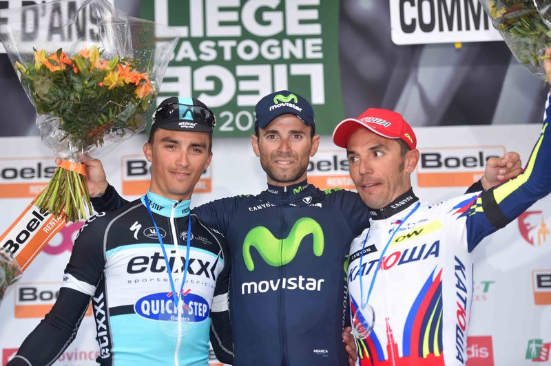 Liege - Bastogne - Liege - Cycling: 101th Liege - Bastogne - Liege 2015
Podium/ Julian ALAPHILIPPE (Fra)/ Joaquim RODRIGUEZ (Esp)/ Alejandro VALVERDE (Esp) Celebration Joie Vreugde/
Liege - Ans (253Km)
Luik - Bastenaken - Luik LBL / © Tim De Waele
