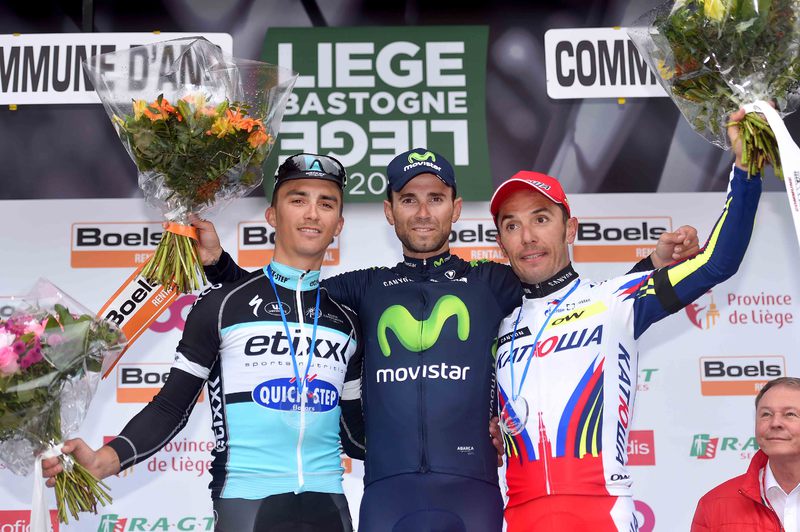 Liege - Bastogne - Liege - Cycling: 101th Liege - Bastogne - Liege 2015
Podium / ALAPHILIPPE Julian (FRA)/ VALVERDE Alejandro (ESP)/ RODRIGUEZ Joaquim (ESP)/ Celebration Joie Vreugde / 
Liege - Liege (Ans) 253Km / 
LBL Bastenaken © Tim De Waele
