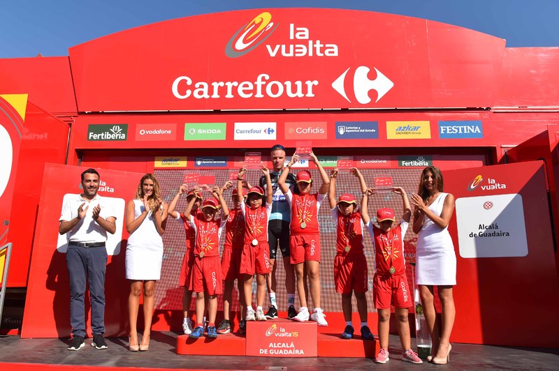 Vuelta a España - stage 5 - Cycling: 70th Tour of Spain 2015 / Stage 5
Podium/ KEISSE Iljo (BEL)/  Celebration Joie Vreugde/
Rota - Alcala de Guadaira (167,3Km)/
Rit Etappe / Vuelta Tour d'Espagne Ronde van Spanje /(c)Tim De Waele 