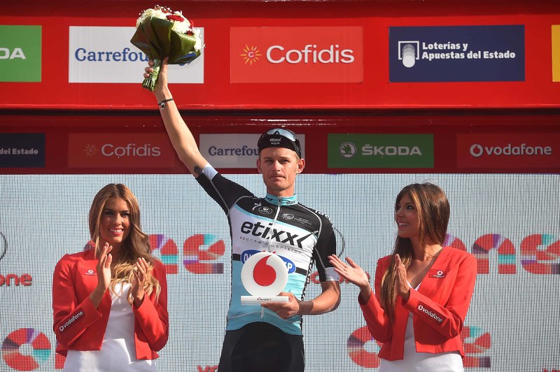 Vuelta a España - stage 12 - Cycling: 70th Tour of Spain 2015 / Stage 12
Podium/ BOUET Maxime (FRA)/  Celebration Joie Vreugde/ 
Escaldes-Engordany - Lleida (173Km)/
Rit Etape / Vuelta Tour d'Espagne Ronde van Spanje /(c)Tim De Waele 