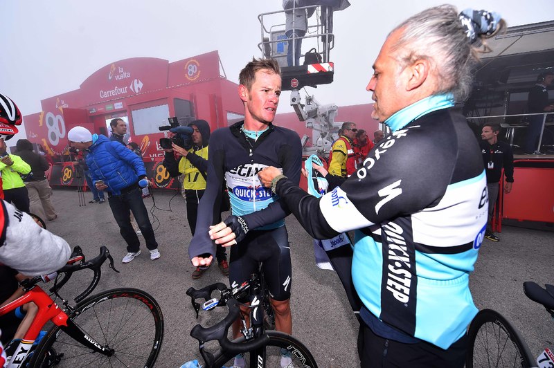 Vuelta a España - stage 14 - Cycling: 70th Tour of Spain 2015 / Stage 14 
Arrival / BOUET Maxime (FRA)/ HALBHUBER Thomas (GER) Soigneur Verzorger Kine Team Etixx Quick-Step (Bel)/ 
Vitoria Gasteiz - Alto Campoo Fuente del Chivo 1980m (215km)/ 
Rit Etape / Vuelta Tour d'Espagne Ronde 