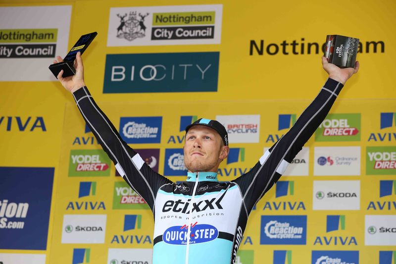 Tour of Britain - stage 6 - Cycling: 12th Tour of Britain 2015/ Stage 6
Podium/ TRENTIN  Matteo (Ita) Celebration Joie Vreugde /  Trophee Trofee Cup /
Stoke-on-Trent - Nottingham (192.7Km)/
Rit Etape / Tour of Britain / (c)Tim De Waele 
