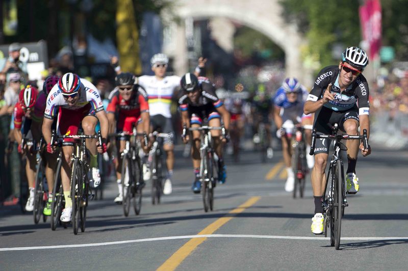 Grand Prix Cycliste de Québec  - Cycling: 6th Grand Prix Cycliste de Quebec 2015
Arrival / URAN URAN  Rigoberto (Col)/ Celebration Joie Vreugde / Alexander KRISTOFF (Nor) /
Quebec - Quebec (201.6Km)/
Grand Prix Quebec/ (c) Tim De Waele