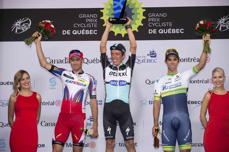 Grand Prix Cycliste de Québec  - Cycling: 6th Grand Prix Cycliste de Quebec 2015
Podium/ Alexander KRISTOFF (Nor) / URAN URAN  Rigoberto (Col)/ Michael MATTHEWS (Aus)/ Celebration Joie Vreugde / 
Quebec - Quebec (201.6Km)/
Grand Prix Quebec/ (c) Tim De Waele