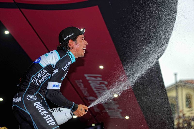 Giro d`Italia - stage 12 - Cycling: 97th Tour of Italy 2014 / Stage 12 
Podium / URAN Rigoberto (COL)/ Celebration Joie Vreugde / Champagne / 
Barbaresco - Barolo (41,9Km)/ 
Giro Tour Ronde van Italie Time Trial Contre la Montre Tijdrit TT / /(c) Tim De Waele