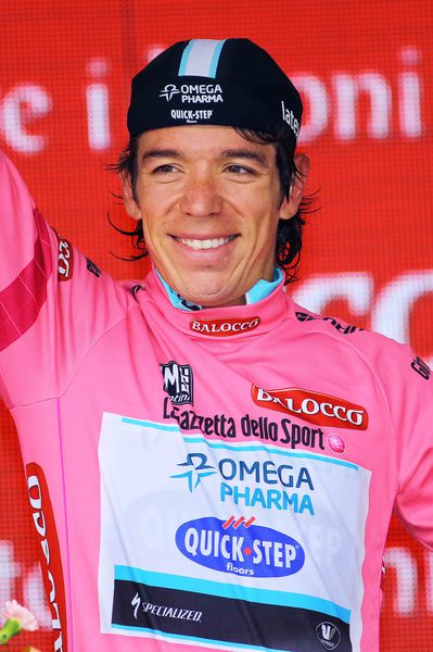 Giro d`Italia - stage 12 - Cycling: 97th Tour of Italy 2014 / Stage 12 
Podium / URAN Rigoberto (COL) Pink Leader Jersey / Celebration Joie Vreugde / 
Barbaresco - Barolo (41,9Km)/ 
Time Trial Contre la Montre Tijdrit TT / 
Giro Tour Ronde van Italie /(c) Tim De Waele
