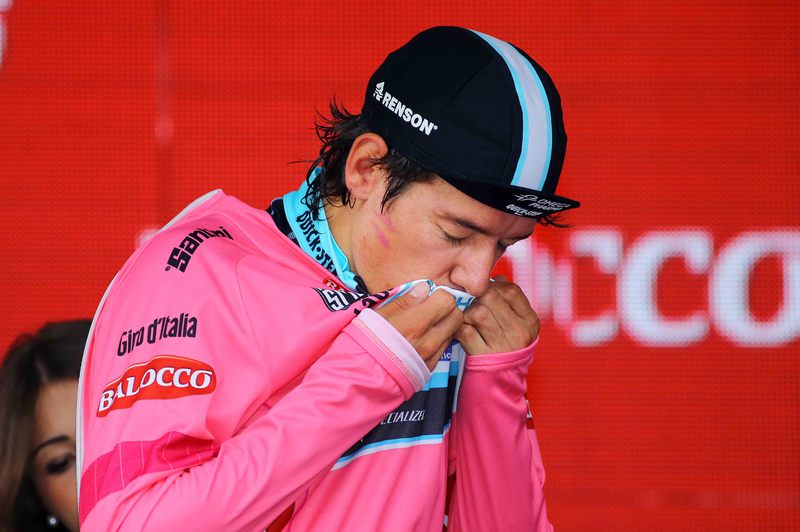 Giro d`Italia - stage 12 - Cycling: 97th Tour of Italy 2014 / Stage 12 
Podium / URAN Rigoberto (COL) Pink Leader Jersey / Celebration Joie Vreugde / 
Barbaresco - Barolo (41,9Km)/ 
Time Trial Contre la Montre Tijdrit TT / 
Giro Tour Ronde van Italie /(c) Tim De Waele
