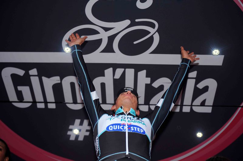 Giro d`Italia - stage 12 - Cycling: 97th Tour of Italy 2014 / Stage 12 
Podium / URAN Rigoberto (COL)/ Celebration Joie Vreugde / 
Barbaresco - Barolo (41,9Km)/ 
Giro Tour Ronde van Italie Time Trial Contre la Montre Tijdrit TT / /(c) Tim De Waele