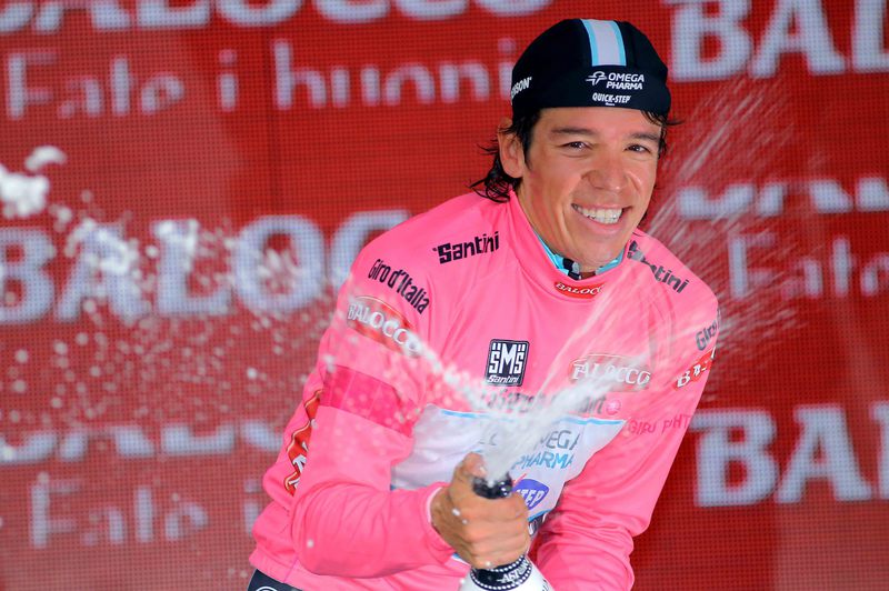 Giro d`Italia - stage 12 - Cycling: 97th Tour of Italy 2014 / Stage 12 
Podium / URAN Rigoberto (COL) Pink Leader Jersey / Celebration Joie Vreugde / Champagne / 
Barbaresco - Barolo (41,9Km)/ 
Time Trial Contre la Montre Tijdrit TT / 
Giro Tour Ronde van Italie /(c) Tim De Waele